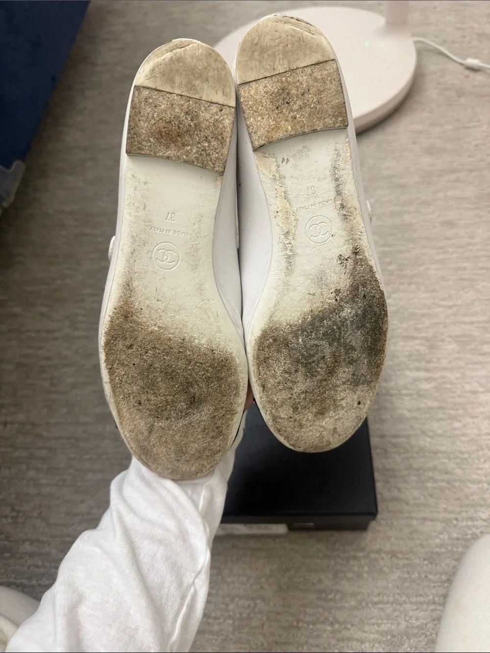 CHANEL White and Black Mary Jane Cap-Toe Ballet Flats